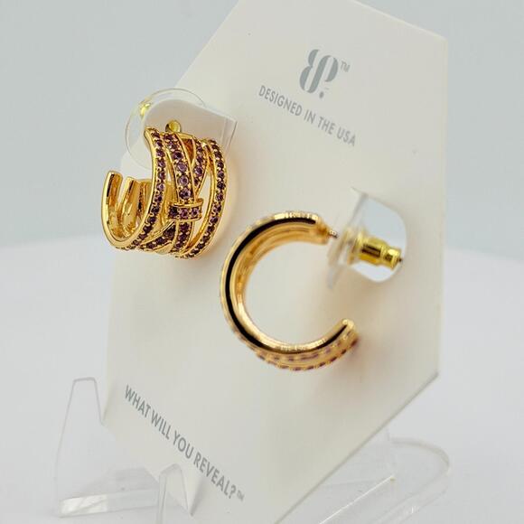 Bomb Party Hoop Earring “Luxe Is All You Need” Pink Corundum on Gold BOW Huggies - Picture 6 of 7